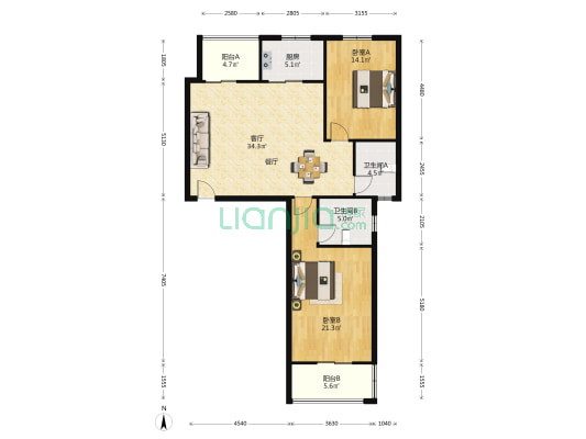 水木年华小区 2室1厅2卫 176平方