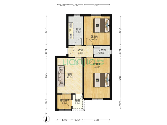 供电局宿舍(钢西区) 2室1厅1卫 66平方