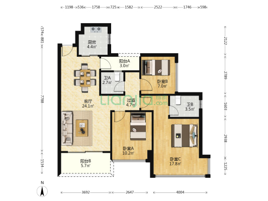 华发又一城B区 3室1厅2卫 97平方