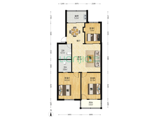 航兴花园 3室1厅2卫 93平方