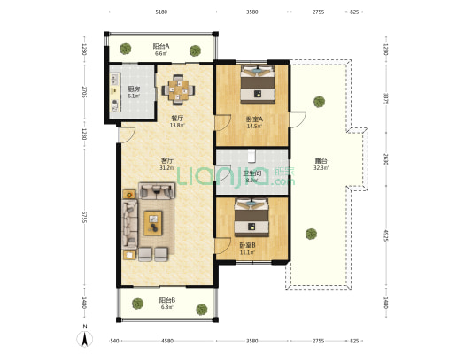 嘉禾北京城 2室2厅1卫 178平方