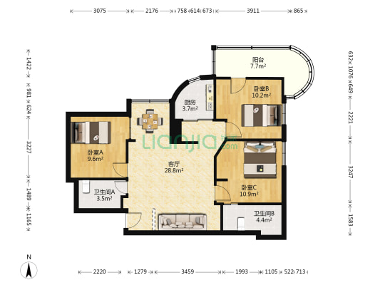 怡景花园 3室1厅2卫 103平方