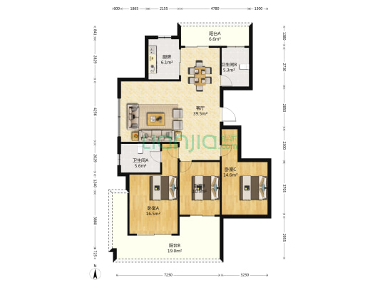 清河明苑 3室1厅2卫 138平方