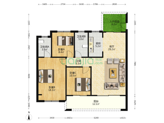恒达名筑 3室1厅2卫 126平方