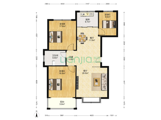 中润·华侨城十三组团 3室2厅1卫 139平方
