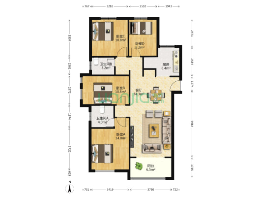 东业上城嘉苑 4室1厅2卫 120平方