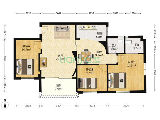 珠江小区 3室2厅2卫 108平方