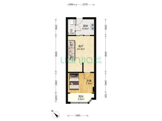 德兴城花园 1室1厅1卫 44平方