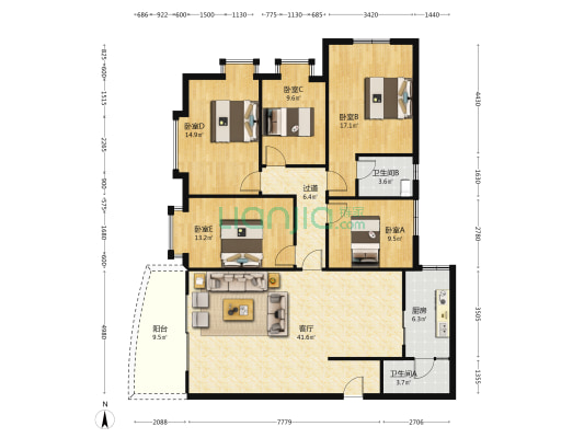 新東方廣場 5室1厅2卫 162平方