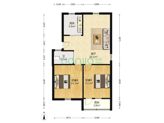 单家巷 2室1厅1卫 77平方
