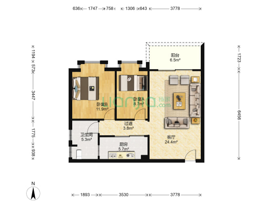 君安大厦 2室1厅1卫 90平方