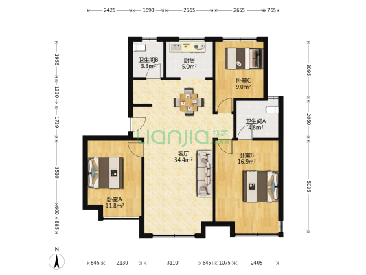 龙湖龙誉城 3室1厅2卫 116平方