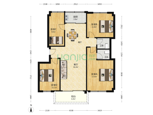 城市花园宝兴阁 4室1厅2卫 104平方