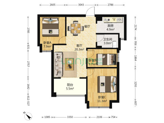 西海岸B区 3室1厅1卫 78平方