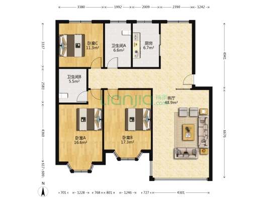 鑫中路488号 3室1厅2卫 136平方