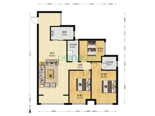 金龙滨河湾壹号 3室1厅2卫 118平方