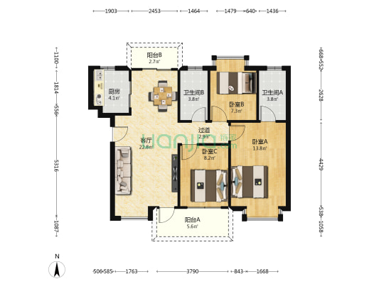 腾龙名悦公馆 3室1厅2卫 96平方