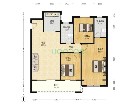 恒达东城花园 3室1厅2卫 136平方