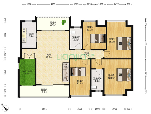 中科中心公寓 4室1厅2卫 148平方