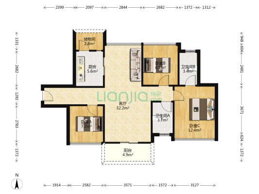 水岸豪门 3室1厅2卫 94平方