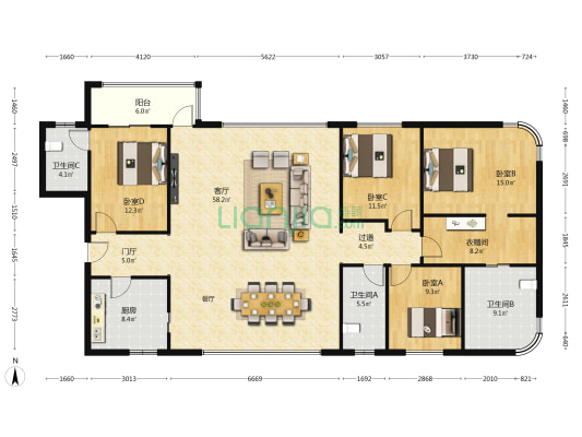 旭辉恒基铂悦五缘湾上 4室1厅3卫 210平方
