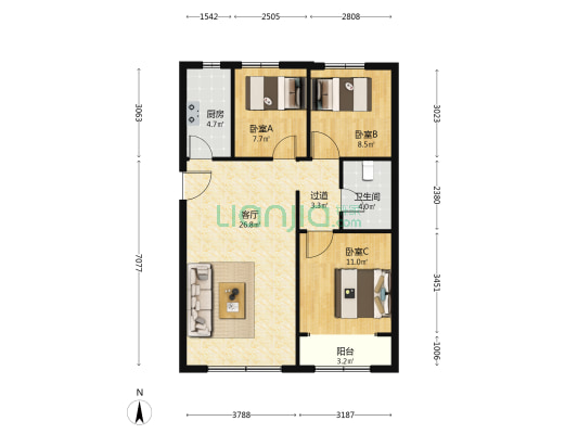亿树泉城 3室1厅1卫 90平方