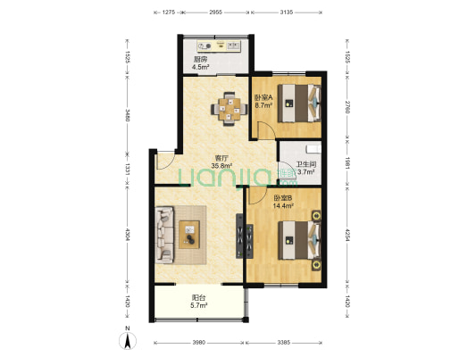煤机花园 2室1厅1卫 92平方
