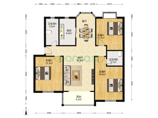 南苑六村 3室1厅2卫 126平方