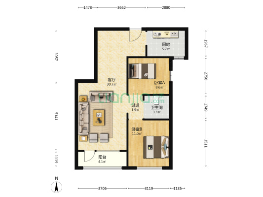 珑湖丽宫 2室1厅1卫 90平方