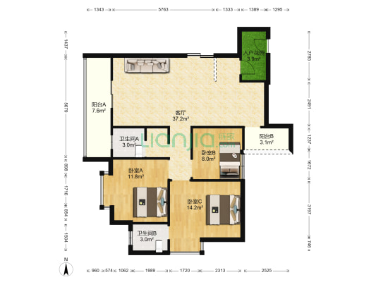 江岸美城 3室1厅2卫 116平方