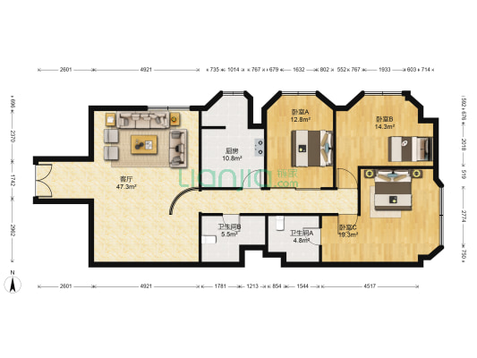 宏景天地 3室1厅2卫 162平方