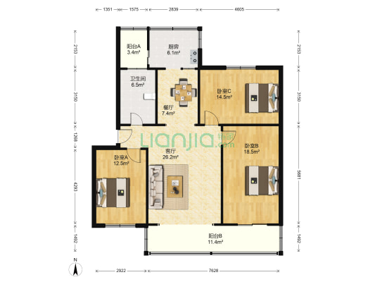 淮河路21号院 3室2厅1卫 109平方