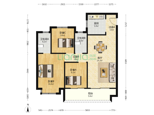时光悦府B区 3室1厅2卫 114平方