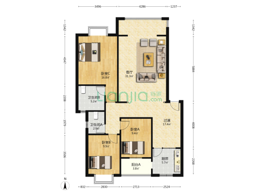 阳光新居 3室1厅2卫 117平方