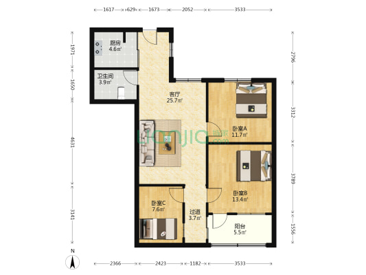 淘金大厦 3室1厅1卫 100平方