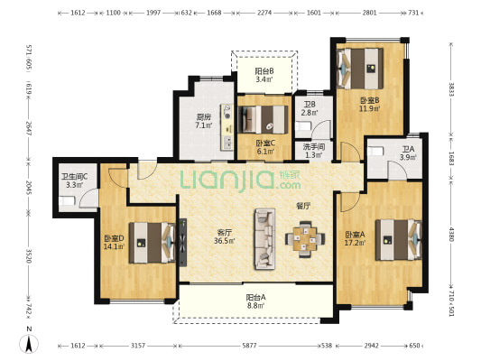 建发央璟 4室1厅4卫 142平方