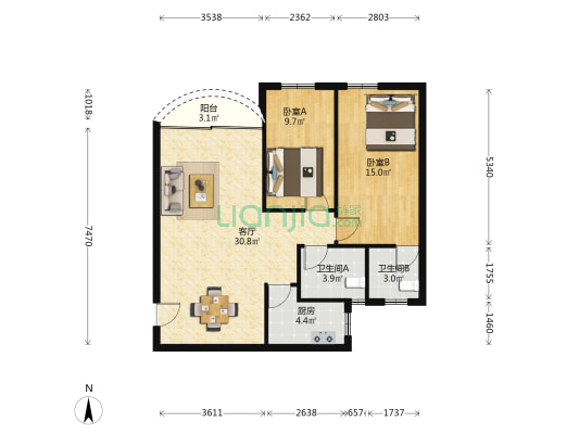 中天华东花园 2室1厅2卫 73平方