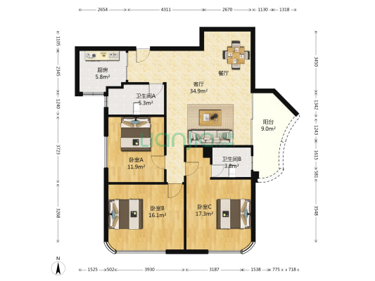 蓝湾国际 3室1厅2卫 134平方