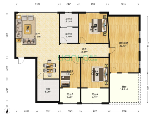 溪苑新区 4室2厅2卫 126平方