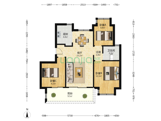 金茂宸南里 3室1厅1卫 88平方