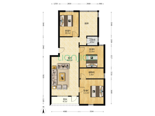 泰康花园 3室1厅1卫 101平方