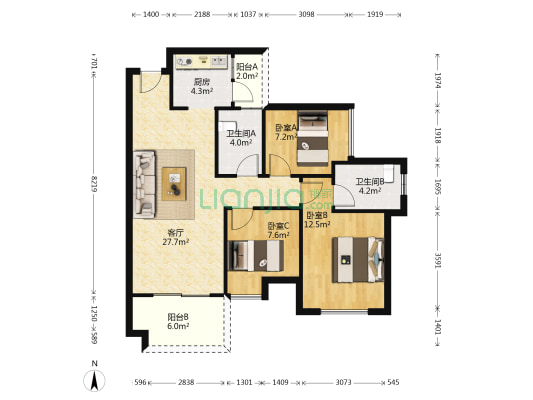 佳兆业东江新城十期 3室1厅2卫 93平方