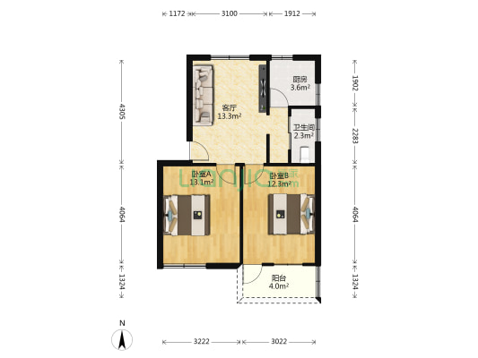 广德路 2室1厅1卫 63平方