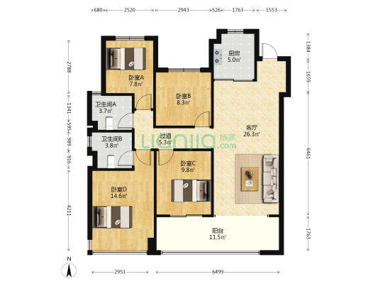 锦源府西区 4室1厅2卫 119平方