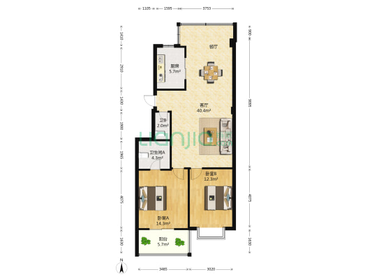东鸿小区 2室1厅2卫 104平方