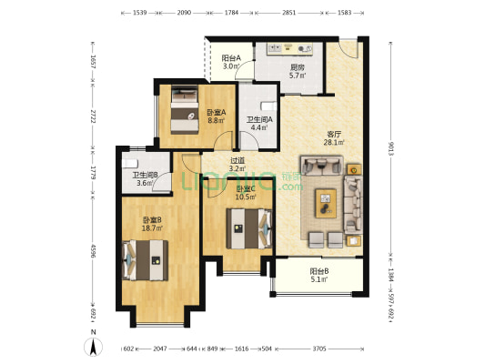 芙蓉天府二期 3室1厅2卫 102平方