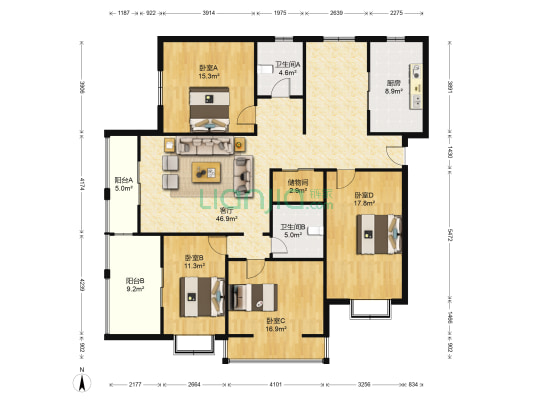 金业韵泽苑 4室1厅2卫 174平方