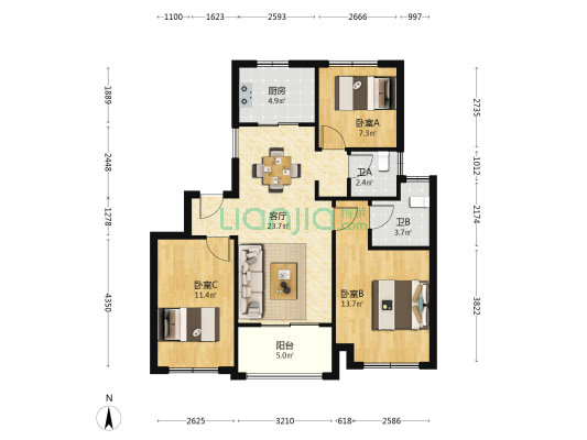 晨曦雅苑 3室1厅2卫 89平方