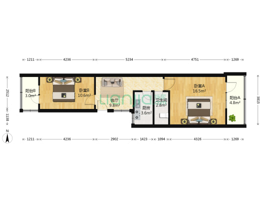 华严北里二区1号院 2室1厅1卫 63平方