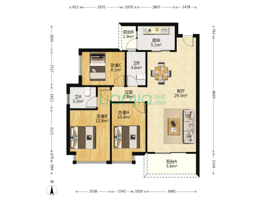 城央大厦 3室1厅2卫 103平方